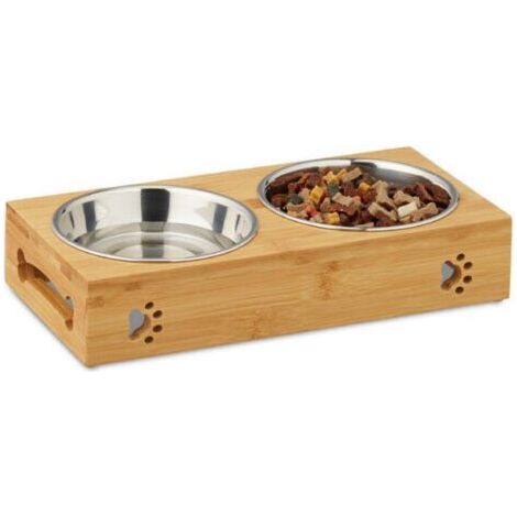 Gamelle pour chat, gamelle pour animal de compagnie, gamelle pour chien, support double en bambou, bois et acier inoxydable (1/4)