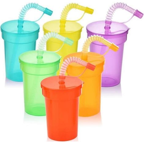 6er Set Partybecher mit Deckel und Trinkhalm, Neonfarben, 380ml (1/5)