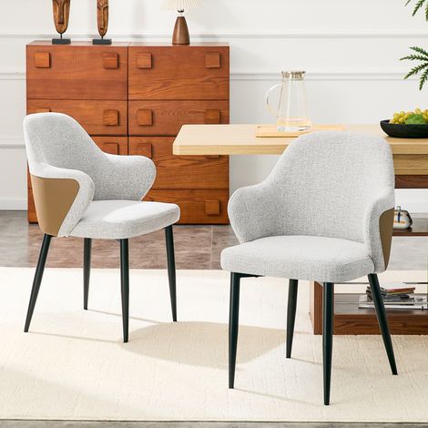 DESMIU Chaise de Salle à Manger Lot de 2 avec Dossier Enveloppant et Pieds Métal Croisés, Tissu Gris Clair et Marron (1/5)