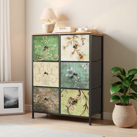 Commode 6 tiroirs en tissu 67.5x30x86.5 cm – Meuble de Rangement avec motif vintage – Structure métal – Idéale pour rangement chambre ou bureau – Multicolore (1/5)