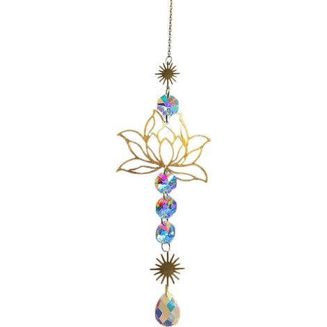 Attrape-soleil Lotus doré avec cristaux arc-en-ciel et éléments solaires – Décoration spirituelle pour les reflets de la lumière du soleil et l'atmosphère méditative (1/5)