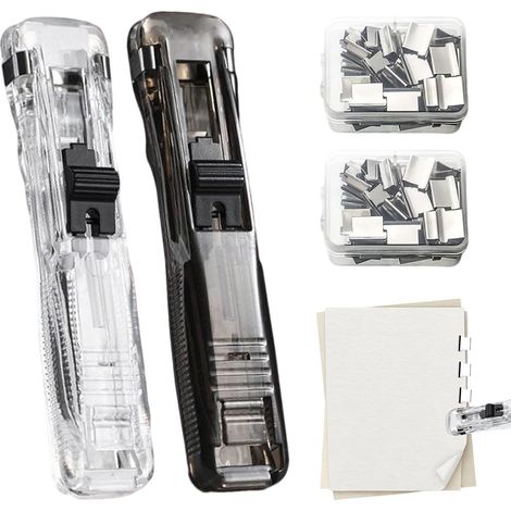 2 Stück Reusable Creative Staplers, Portable Binder Clip Stapler, Heftgerät mit 100 Stück Wiederverwendbare Heftklammern, Klammerloser Einhefthelfer, Push Clamp Stapler Holder für Büro Schule Office (1/5)