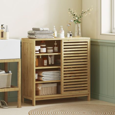 Armoire de salle 80x34x80 cm naturel de bain en bambou avec 2 portes coulissantes à lattes 4 étagères Mobilier auxiliaire de