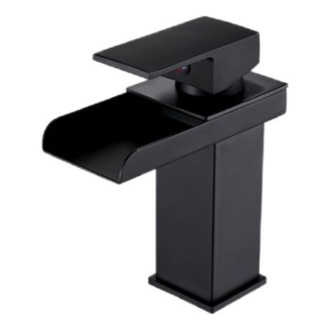Robinet de lavabo noir mat de style cascade, eau chaude et froide sélectionnable, noyau de valve en céramique, design concave en cascade. (1/5)