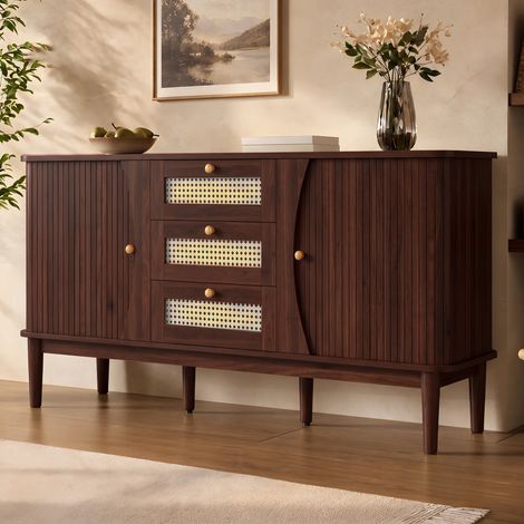 Buffet de salon, 140 cm, meuble de rangement en rotin, avec portes coulissantes et 3 tiroirs bords arrondis, style rétro bohème, couleur noyer (1/5)