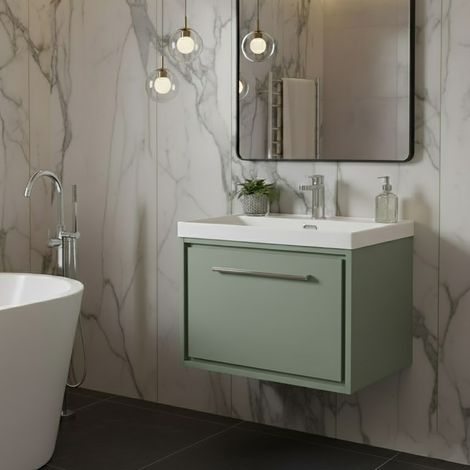 Hudson Reed Lille Wall Hung 1-Drawer Vanity Unit with 1TH Thin-Edge Basin 600mm Wide - Fern Green
