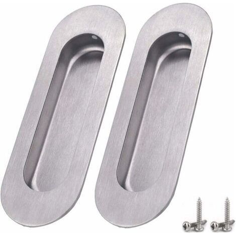 2 Pack Sliding Door Door Handles Oval Recessed Handle Satin Brushed Stainless Steel Hidden Handle for Sliding Door Cabinet Cupboard Drawer – Silver (1/5)