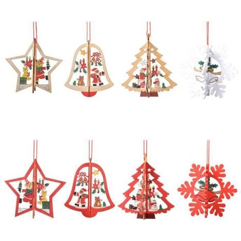Ornement Arbre De Noël - Bois Naturel - Design 3D - Rouge - 8 Pièces (1/3)