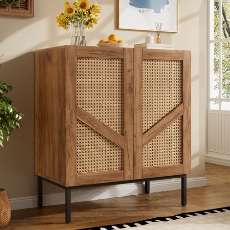 Buffet bas 70x38,5x80 cm, meuble de rangement 2 portes en rotin, 2 étagères réglables, pieds en métal, panneau de particules, Naturel (1/5)