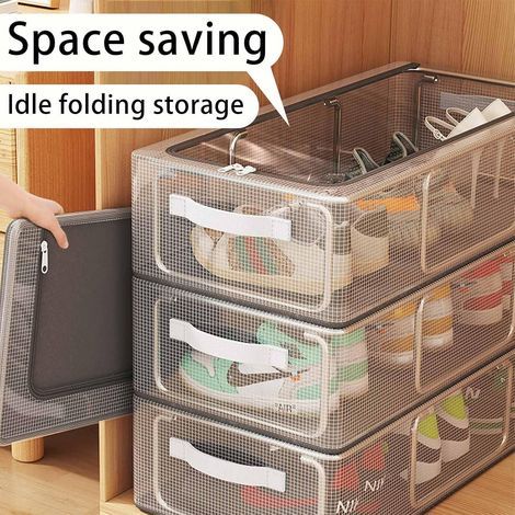 Lot de 2 organisateurs à chaussures, bacs de rangement, organisateur à chapeaux, bacs de rangement sous le lit, conteneurs de rangement pliables et empilables pour ranger chaussures, vêtements et obje (1/5)
