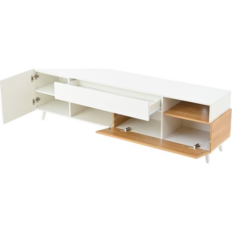 ELVMI Mobile TV con 1 Cassetto, 2 Ante e 7 Vani, Finitura Lucida, per Soggiorno, in Truciolare, 180 × 38 × 50 cm, Bianco e Naturale (1/4)