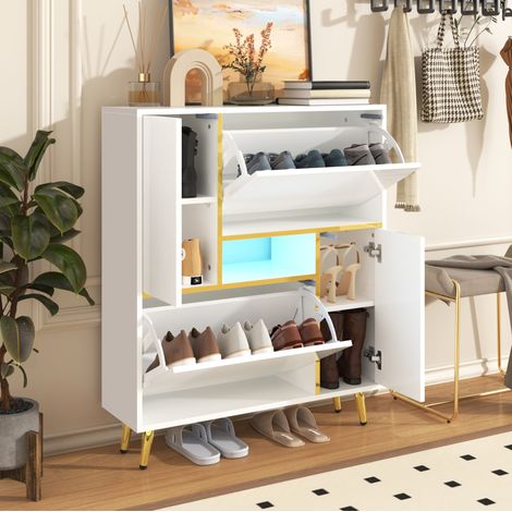 Schuhschrank 80x25x96 cm weiß aus Spanplatte mit Hochglanzfront, LED-Licht und verstellbaren Einlegeböden (1/5)