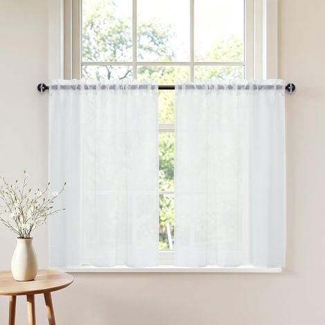 Rideau Cuisine Passe Tringle Voilage Blanc Brise-Bise Rideaux Tissu Petite Fenetre Court et Draperies Intérieurs Porte Placard Caravane Chambre Enfant Salon sous Evier, 60x45cm (LxH), 2 Panneaux (1/5)