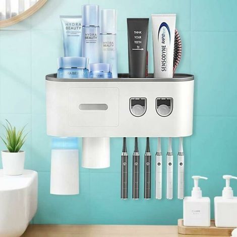 Porte-Brosse À Dents Mural - 2 Distributeurs Automatiques De Dentifrice - 6 Compartiments - 5 Coupelles Magnétiques - 1 Tiroir De Rangement - 1 Grand Compartiment - Gris (1/4)