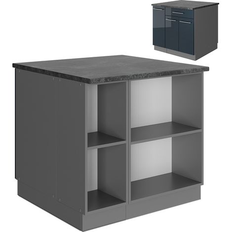Îlot de cuisine Fame-Line, Bleu foncé brillant/Anthracite, 90 cm avec tiroir, sans plan de travail, Vicco