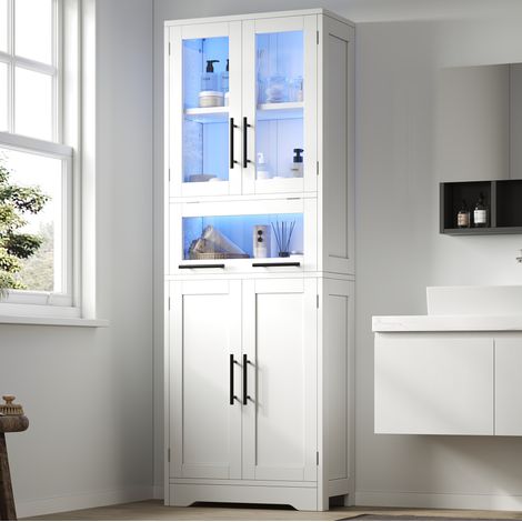 Colonna bagno 60x30x170 cm bianca in MDF e vetro con LED controllabile da app (1/5)