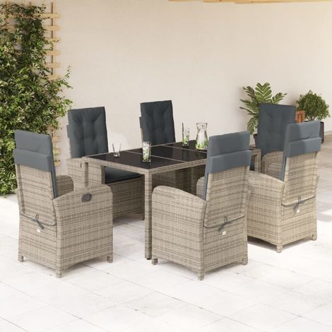 Ensemble de Jardin 7 Pièces Gris avec Verre Trempé  6 Chaises Réglables et Table en Rotin Synthétique  Coussins Amovibles et Lavables (1/5)