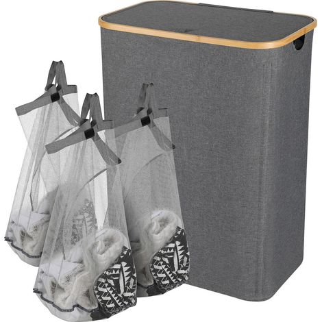 Jopassy Cesto per biancheria sottile con coperchio, 160L, salvaspazio, fodera in rete rimovibile, tessuto Oxford, manici in bambù, pieghevole, grigio