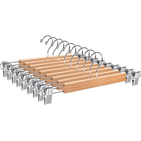 (Lot de 6, couleur bois naturel) Cintres en bois, robustes et brillants, avec pinces en acier antidérapantes et crochets pivotants. (1/4)