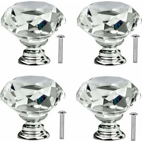 4 Pcs Poignée Bouton de Porte Placard Meuble Tiroir Diamant de Verre Cristal Boutons de tiroir en cristal avec vis pour commode de cuisinepoignées de porte en verre de cuisine 30mm (1/4)