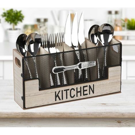 Main Model A: Wooden Cutlery Box with 4 Compartments, Table Cutlery Container, Decorative Cutlery Organizer, Cutlery Basket, Kitchen Utensil Holder for Forks (1/5)