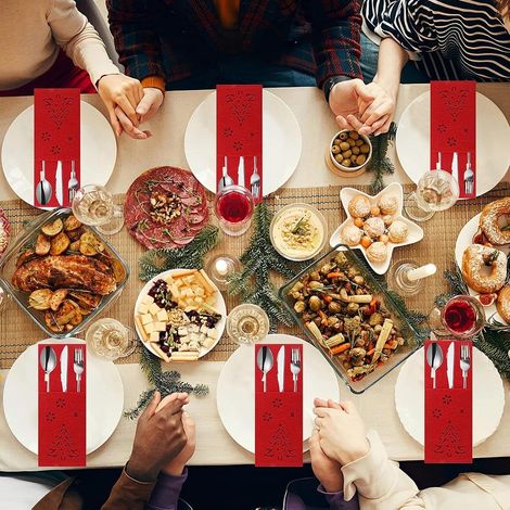 Lot de 4 Porte-couverts de Noël : Lot de sacs à couteaux et fourchettes rouges, adapté pour décorations de table lors de fêtes de Thanksgiving, du Nouvel An ou de Noël (1/5)