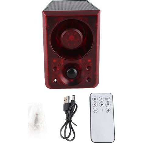 Outdoor solar alarm with motion detector and remote control, 3 sound and light recording modes, adjustable volume sensor for farm, villa, barn, yard, chicken coop, strobe (1/5)