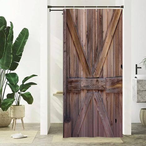 Rideau de Douche Rustique Rideau de Salle de Bain avec Porte de Grange en Bois Ferme Rustique en Planches de Bois Brunes Imperméable à l'eau Rideau de Baignoire Lavable 90x180cm (1/5)