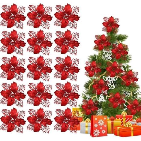 15 Pièces Fleurs De Noël Artificielles, Decoration Noel Sapin, Fleur De Noël pour Une Décoration De Fête Étincelante, Rouge (1/4)