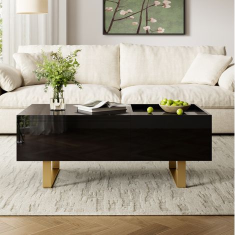 Table basse relevable 100x50 cm avec plateau relevable hydraulique, tiroir et rangement, MDF brillant - noir (1/5)