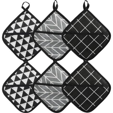 Lot de 6 Maniques en Coton 18 x 18 cm Maniques Cuisine Antidérapant avec Trous de Suspension Manique Cuisine en Coton pour Casseroles Four Protection de Main et des Surfaces Noir Blanc Gris (1/5)