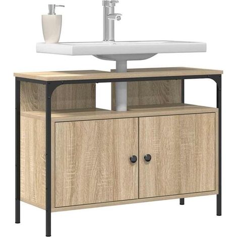 Meuble Salle de Bain avec Lavabo Intégré 80x30x60 cm, Armoire de Toilette Suspendue Moderne en Bois Marron, Rangement Pratique pour WC et Douche (1/5)