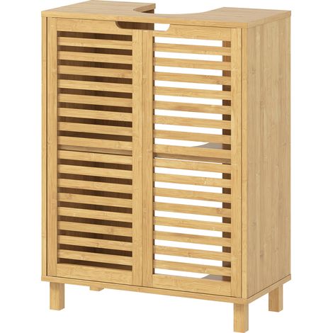 Meuble vasque bambou portes lattes étagères réglables naturel