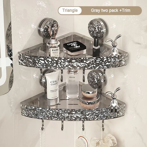 (Mix 12-M) Étagère de rangement de salle de bain transparente et légère, fixation murale luxueuse, non perforée, ventouses puissantes (1/5)