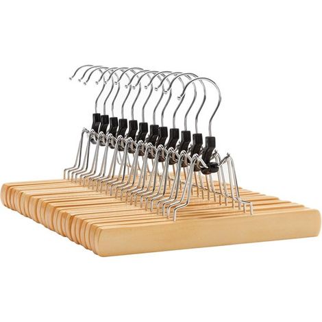 Aste di supporto per pantaloni, confezione da 12, grucce in legno, antiscivolo, ganci cromati, rotazione a 360 gradi, colore naturale. (1/5)