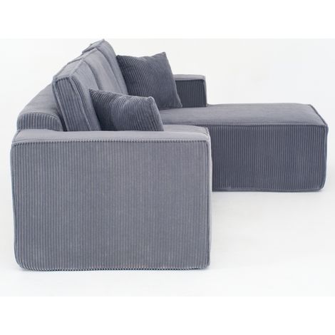 Canapé d'angle modulable en velours côtelé gris avec chaise longue, assise 2 personnes, mousse haute densité (1/5)