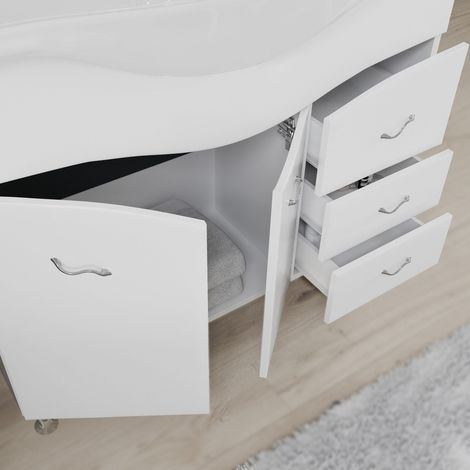 Kiamami Valentina – Ensemble meuble salle de bain 105 cm – Lavabo céramique – Miroir avec éclairage LED – 2 portes et 3 tiroirs – Blanc brillant — vue 2