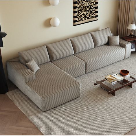 Sofá esquinero modular de 340 cm con chaise longue en L, tejido de pana, color camel (1/5)