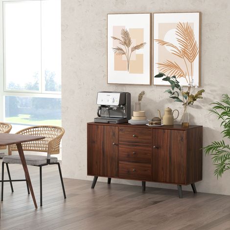 Modernes Sideboard für Wohnzimmer, Esszimmer und Eingangsbereich aus Holz und Spanplatte, Aufbewahrungsmöbel mit 2 Schränken und 3 Schubladen, 127 x 40 x 76 cm, Braun und Schwarz