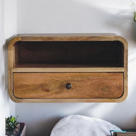 Table chevet suspendue bois massif aspect chêne 1 tiroir niche ouverte marron 60x35x20 cm
