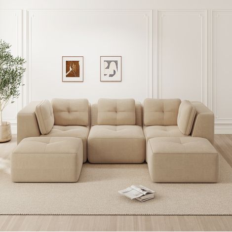 Divano angolare modulare U in velluto a coste beige, senza struttura, seduta profonda, senza montaggio (1/5)