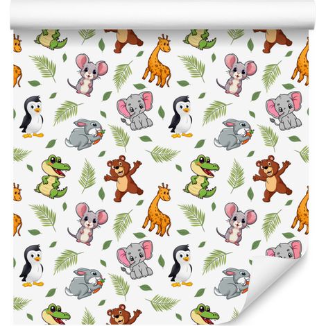 Papier peint animaux blanc, gris clair et citron vert 50x1000 cm (1/5)