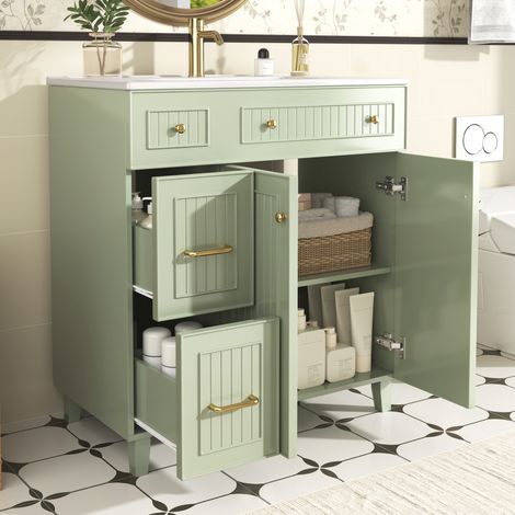 Mobile Bagno 81.7x46.8x90 cm, Base Lavabo Design Lussuoso, con Lavabo in Ceramica, Cassetti e Ante, Maniglie Metalliche, MDF Verde (1/5)