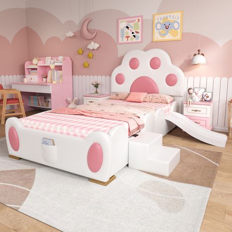 Lit simple 90x200 cm, lit enfant avec sommier à lattes, tête de lit dessin animé avec toboggan, PU, design moderne, Blanc (1/5)