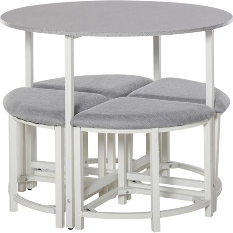 Modern Round Dining Table Set with 4 Upholstered Stools for Dining Room, Kitchen, Grey (1/5)
