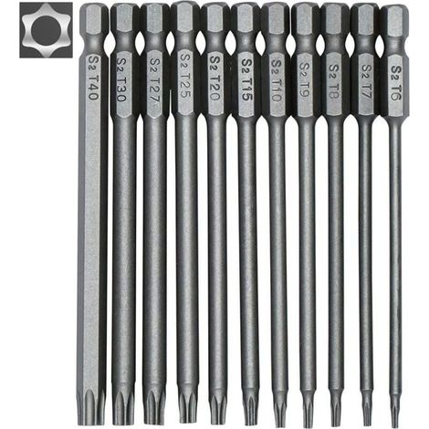 Jeu de 11 embouts longs Torx pour tournevis et visseuse électrique - Embouts magnétiques - Tige hexagonale de 1/4" - Tailles T6 à T40 - Longueur 100 mm- (1/4)
