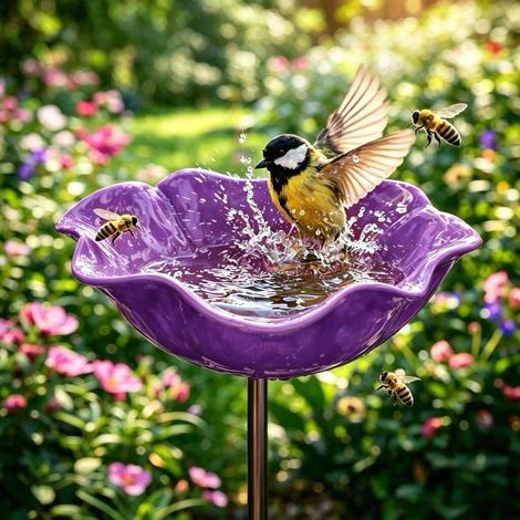 Estaca metálica resistente a la intemperie para jardín, estación de alimentación para polinizadores 4 en 1: comedero y bebedero para colibríes, decoración para exteriores, color púrpura (tallo dorado) (1/5)