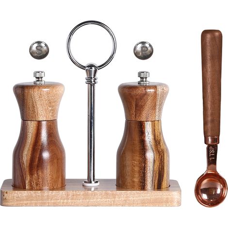 Ensemble moulin à sel et à poivre en bois, moulin à poivre manuel, rechargeable, rotor en céramique à mouture réglable (1/5)