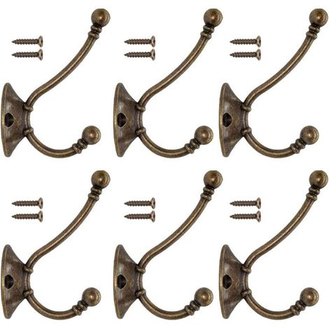 6PCS Vintage Wall Mounted Coat Hooks Metal Door Hat Hook Retro Hook for Coat Rack Bathroom Kitchen Cast Iron Brass Bronze Design (Contains Screws)