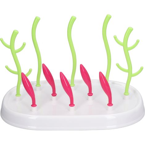Arbre porte-biberons en plastique vert sur socle blanc, égouttoir pour biberons, tétines, bouchons et tasses avec plateau récupérateur. (1/5)